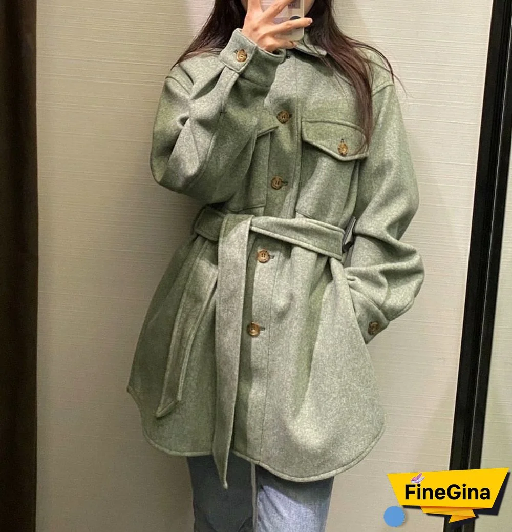 Autumn Winter Women's Vintage Woolen Coat Chic Sashes Long Sleeve Elegant Shirt Jacket Female Outwear Tops Casual Loose Overcoat