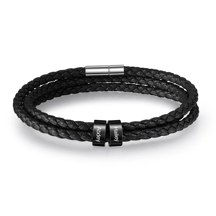 Father's Day Gift Men Braided Leather Bracelets with 2 Beads Bracelet Gifts for Him