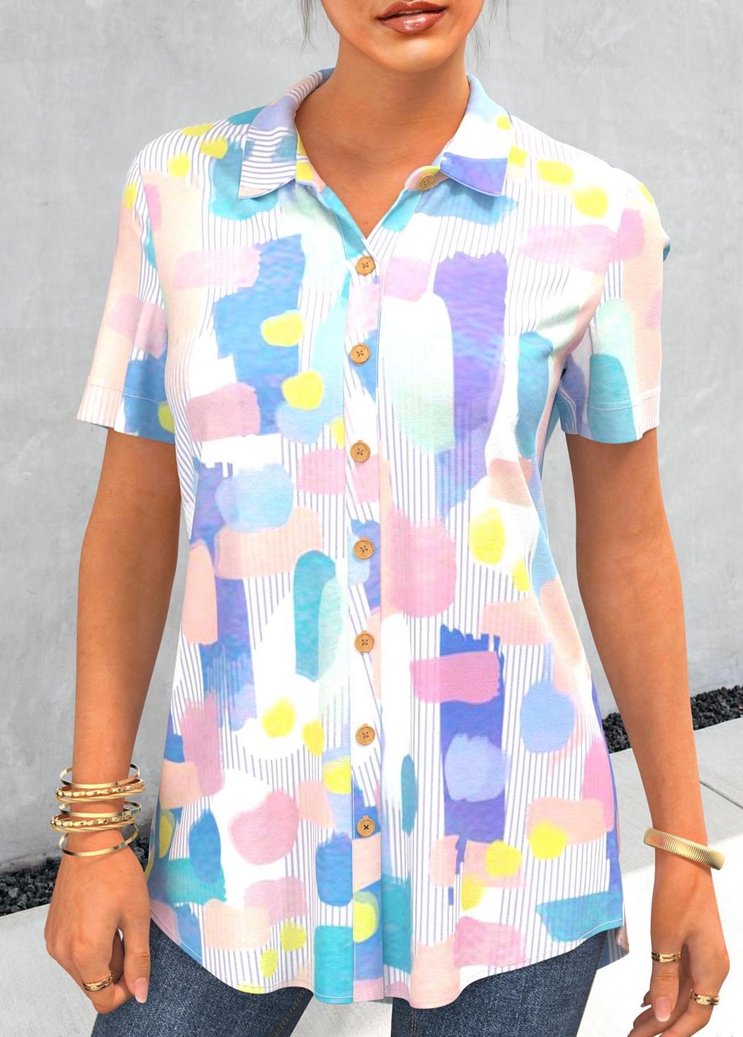Graffiti Stripe Print Turndown Collar Button Up Blouse
