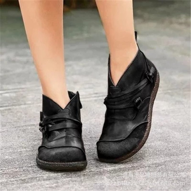 2019 Autumn New Vintage Side Zipper Women Shoes Comfortable Flat Heel Boots Female Zipper Short Boots Leather Ankle Boots