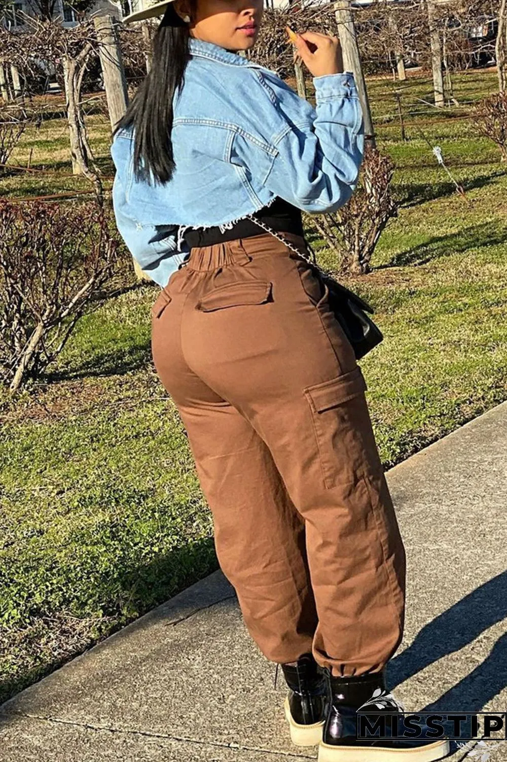 Brown Fashion Casual Solid Basic Regular Trousers