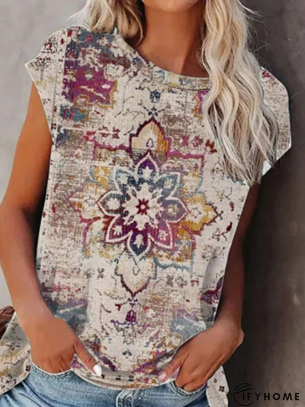 Tribal Casual Cotton Blends Short Sleeve Top | IFYHOME