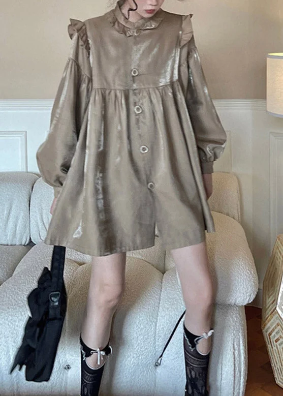 Boho LAight Coffee Stand Collar Patchwork Ruffled Wrinkled Button Mid Dress Long Sleeve
