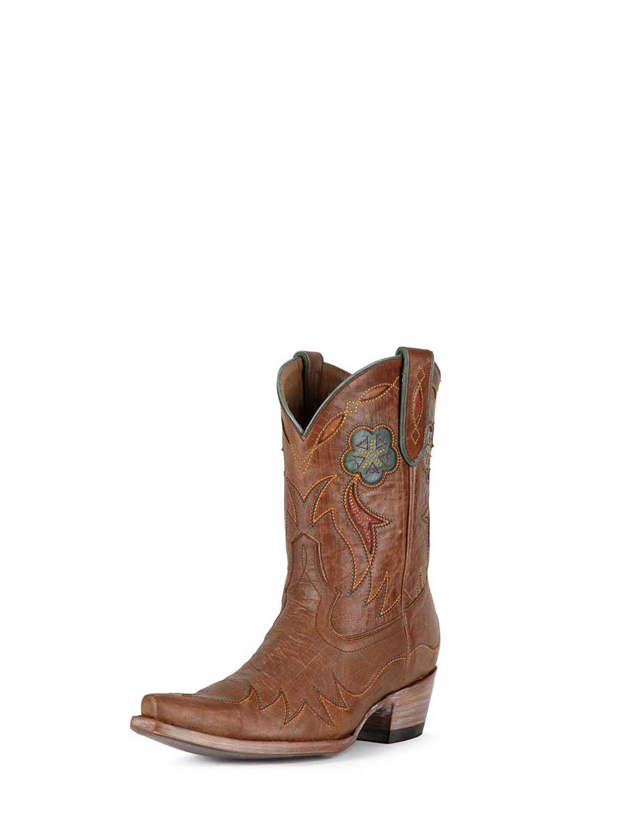 Brown Snip Toe Chunky Heel Embroidered Inlay Cowgirl Booties Nicepairs