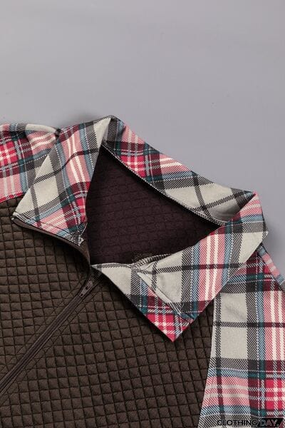 Plaid Half Zip Kangaroo Pocket Sweatshirt