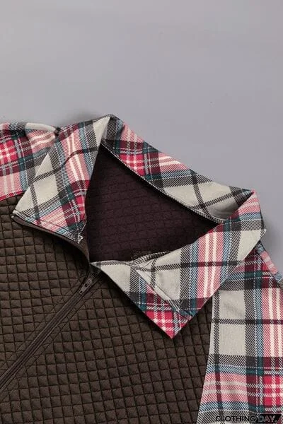 Plaid Half Zip Kangaroo Pocket Sweatshirt