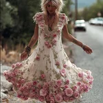 Women's Heavy-duty Pink Rose Vintage Short-sleeved Dress - Image 2