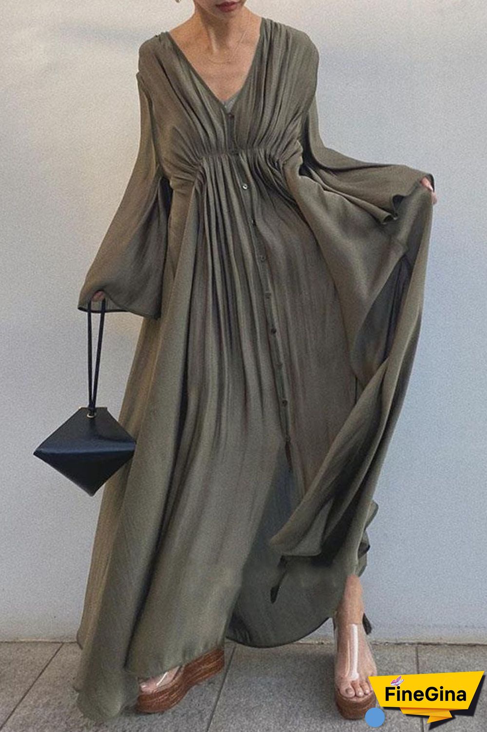 Fashion Street Solid Split Joint V Neck A Line Dresses