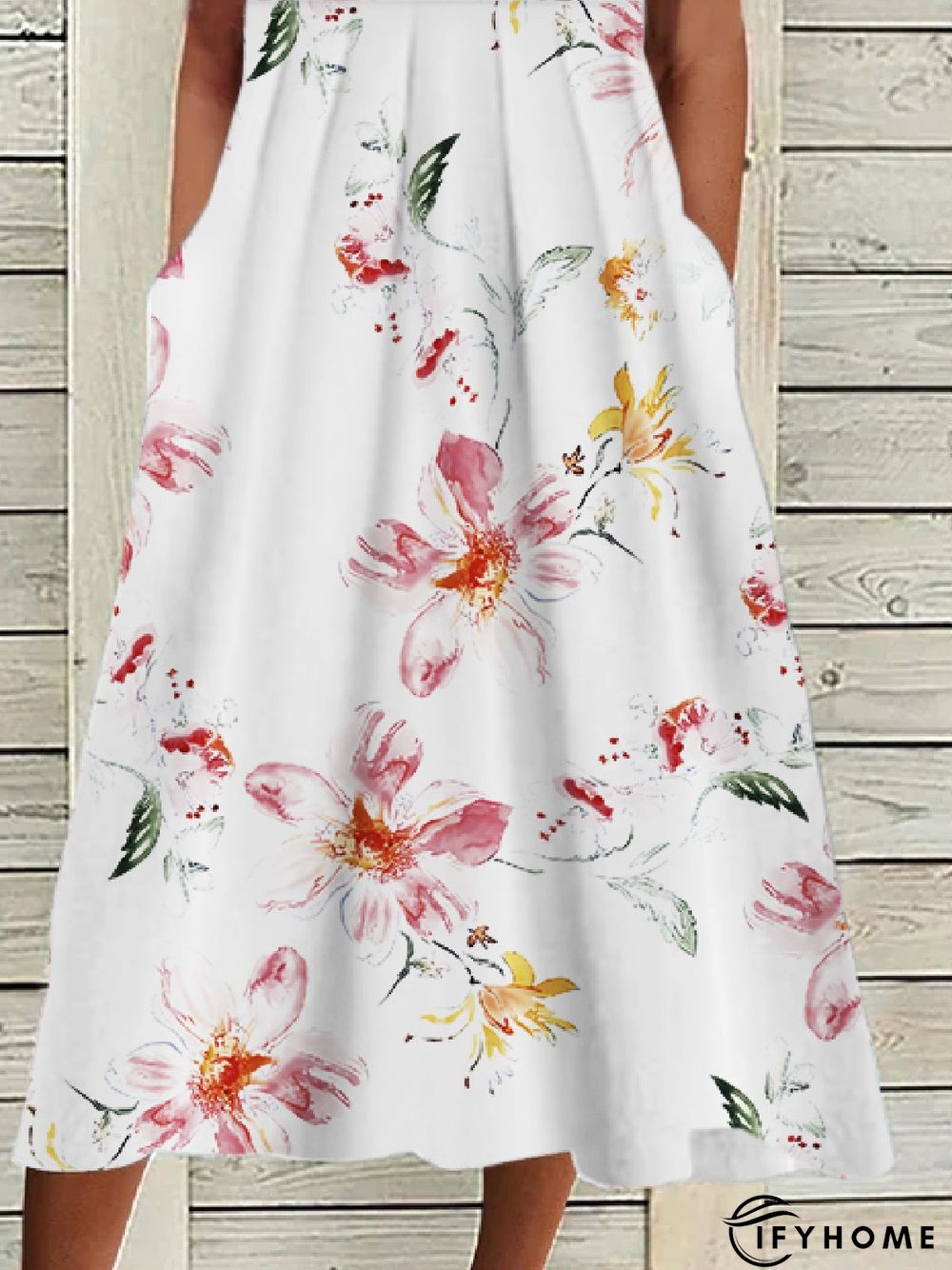 Casual Floral Crew Neck Short Sleeve Woven Dress | IFYHOME