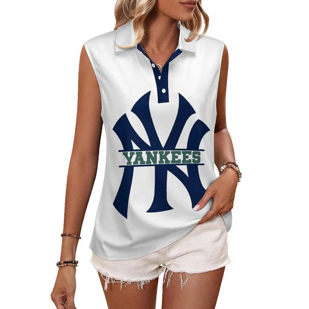 V-neck Sleeveless Casual POLO Shirt Tank Top for Women Printed with Pattern ,Blue