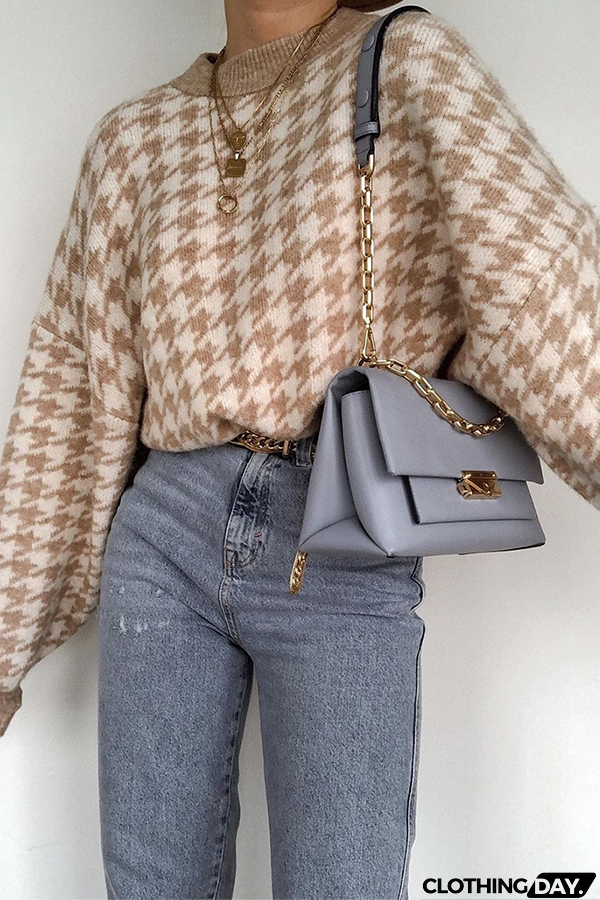 Fashion Street Geometric Patchwork Contrast O Neck Sweater(3 Colors)