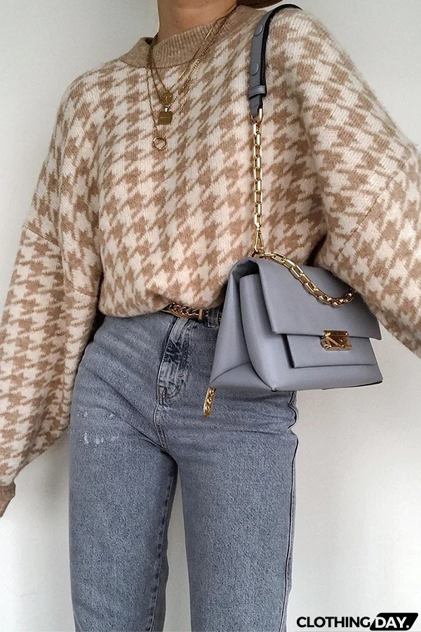 Fashion Street Geometric Patchwork Contrast O Neck Sweater(3 Colors)