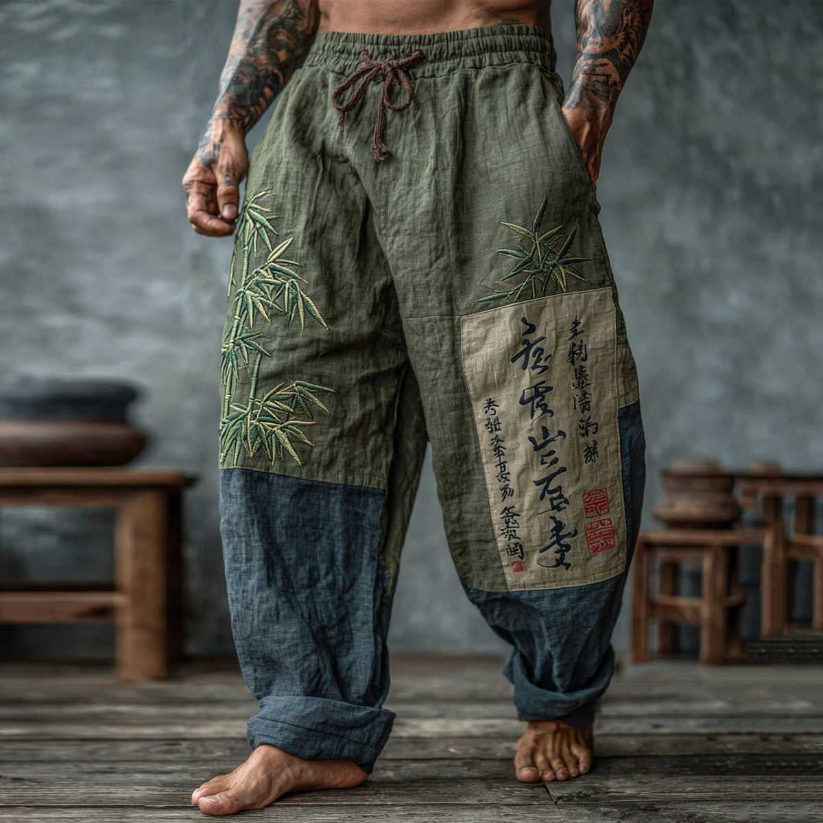 Men's Retro Japanese Bamboo Art Patchwork Print Linen Blend Pants elevenforest