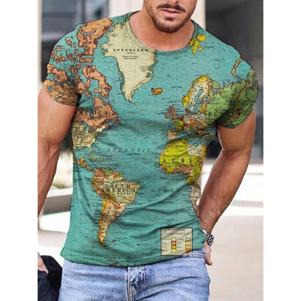 Mens Fashion Contrast Color Map Print T-shirt / [viawink] /