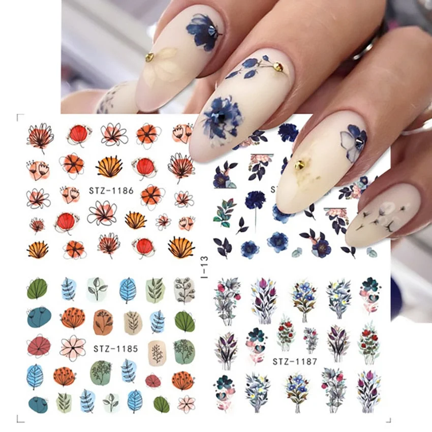 Nail Stickers Water Transfer Flowers Leafs Abstract Art Designs 4Pcs/Set Nail Decal Decoration Tips For Beauty Salons-Nail Inspo