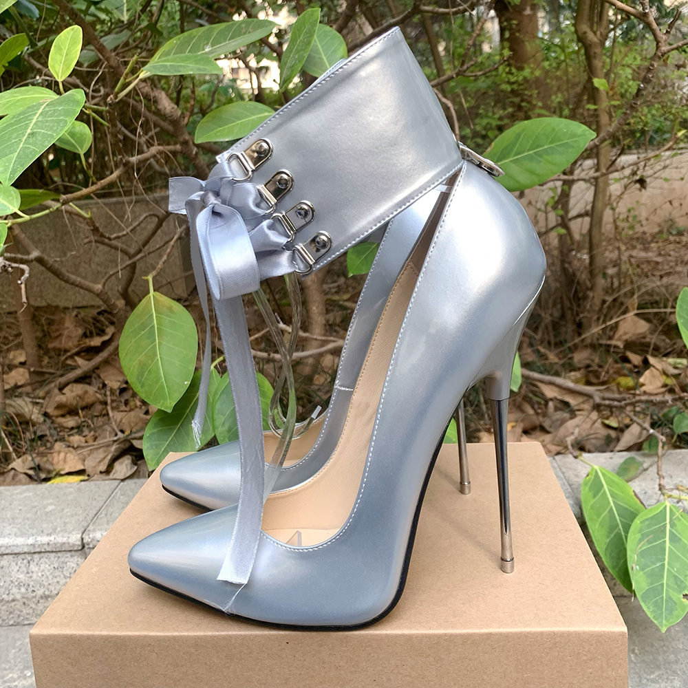 GOOSHOE 16cm Riband Ankle Strap Pumps Extreme High Heels Lace Up Bow Fetish Silver Drag Queen Cross Dresser