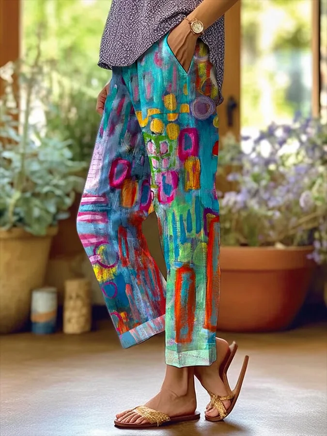 Women's Vintage Colorful Geometric Print Casual Pants