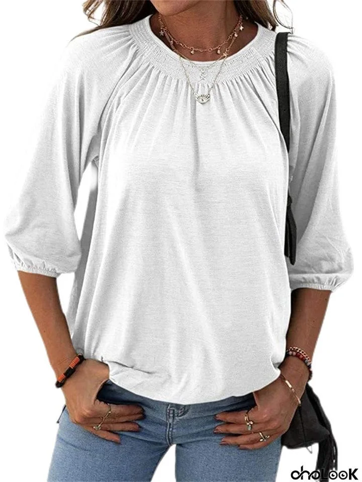 Casual Solid Color Round Neck 3/4 Sleeve T-Shirts