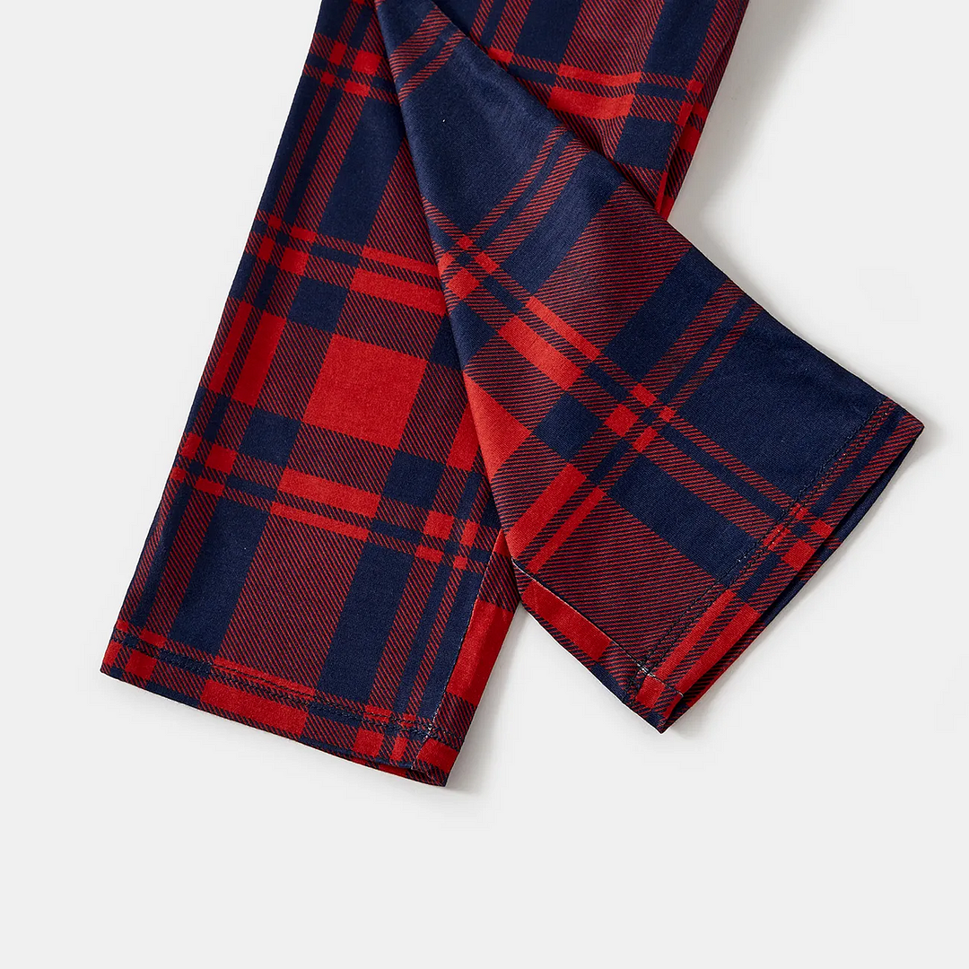 Christmas Tree And Smiling Snowman with Gift Pattern White Long Sleeve Top with Red & Black Plaid Pants Family Matching Pajamas