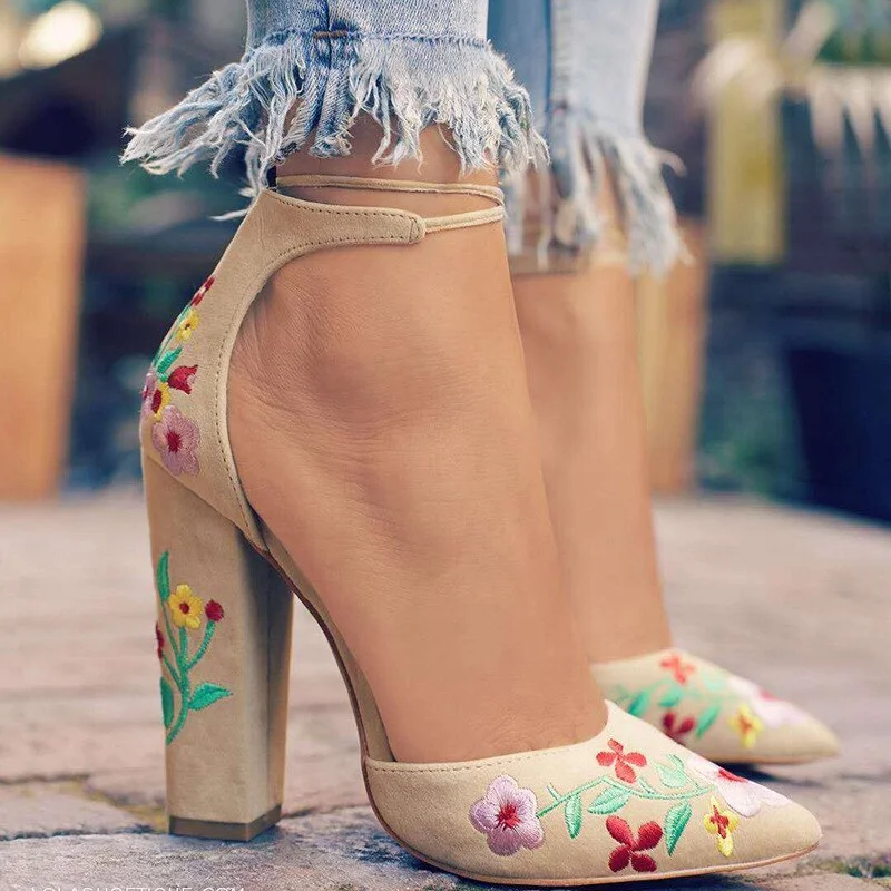 Qengg 2021 Suede Shoes Woman Sandal Embroider High Heel Women Sandals Ethnic Flower Floral Party Sandalias Zapatos Mujer 569j