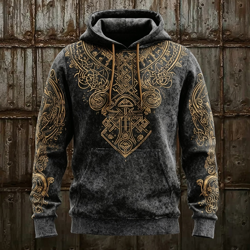 Men's Vintage Viking Inspired Pattern Washed Cozy Hoodie elevenforest