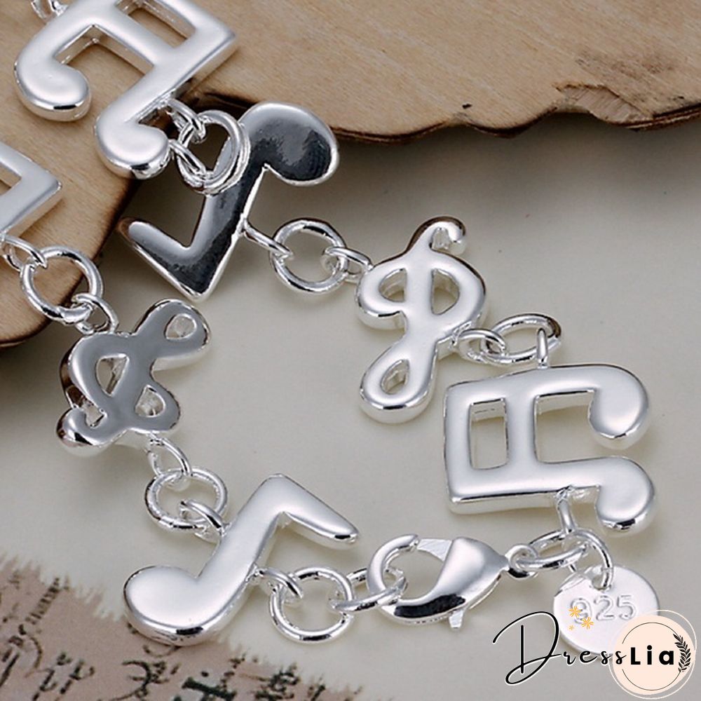 New Women 925 Sterling Silver Plated Charm Cute Music Note Chain Bracelet Bangle