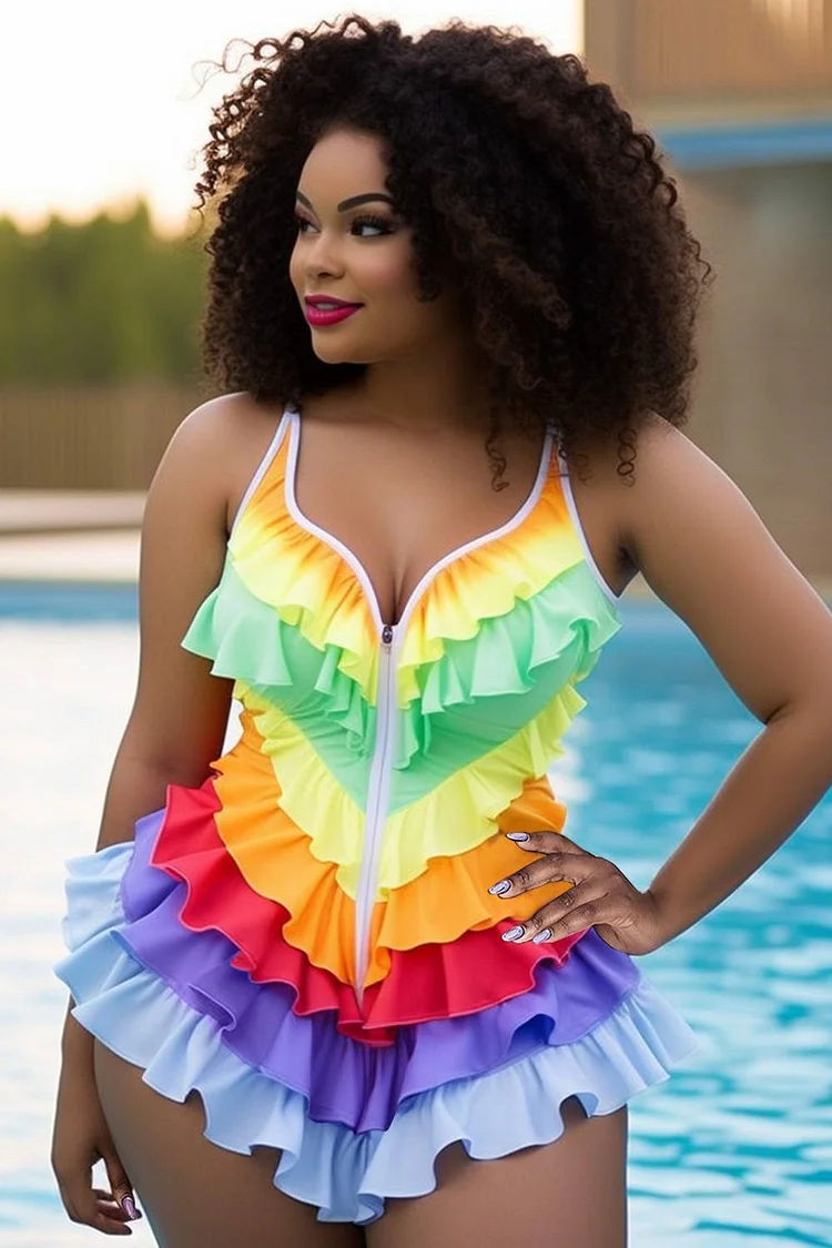 Xpluswear Design Plus Size Beach Rainbow V Neck Ruffle Tiered Swimsuit Fabric One Pieces Swimwear [Pre-Order] 2024 - Xpluswear