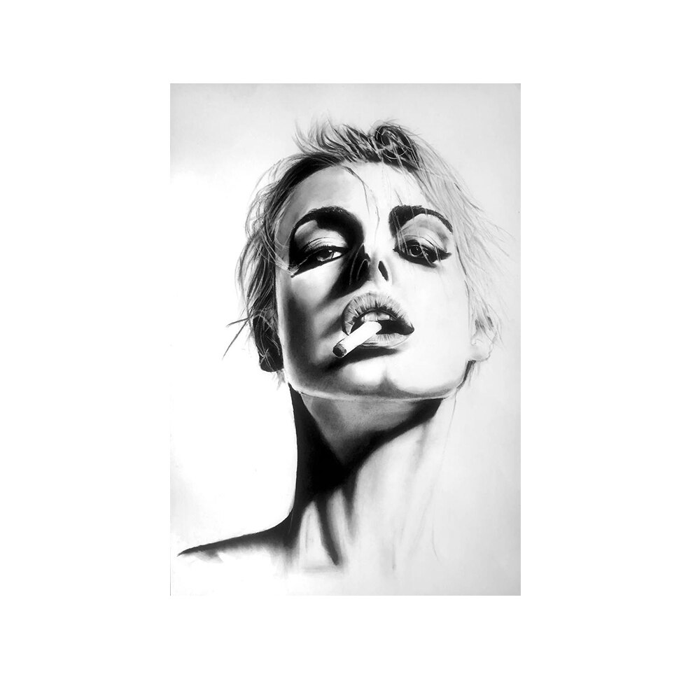 Smoking Woman Art Black and White Canvas Painting Portrait Posters and Print Wall Art for Living Room Home Decor (No Frame)