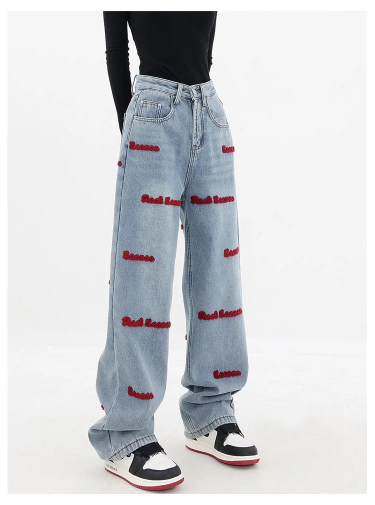 Brownm and autumn plus size women embroidered straight jeans loose slim high waist floor mopping wide leg pants baggy jeans