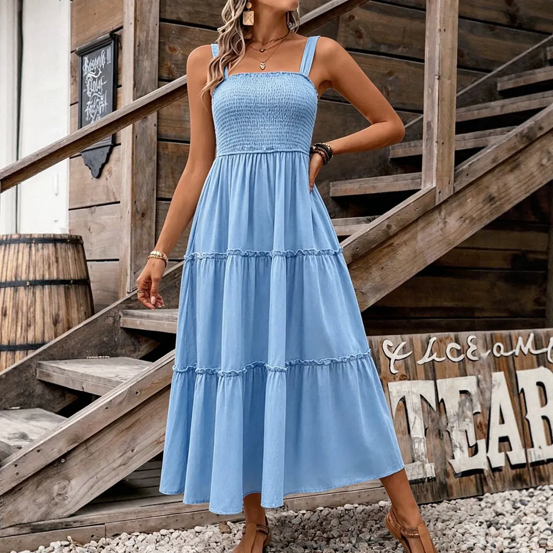 Women Square Neck Sleeveless Ruffle A-Line Dress