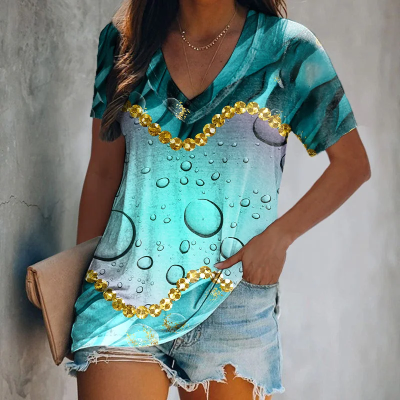 Water Drop Printed Tie-dye Sequins T-shirt