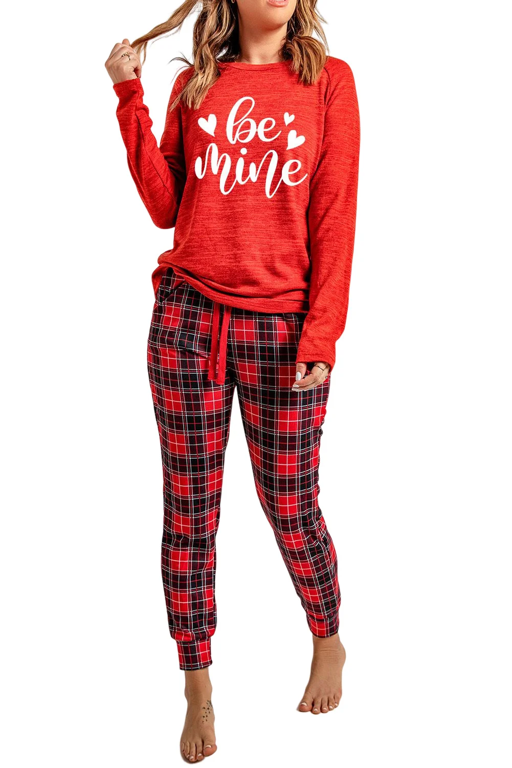 Red Heart Letter Print Long Sleeve Top and Plaid Pants Loungewear