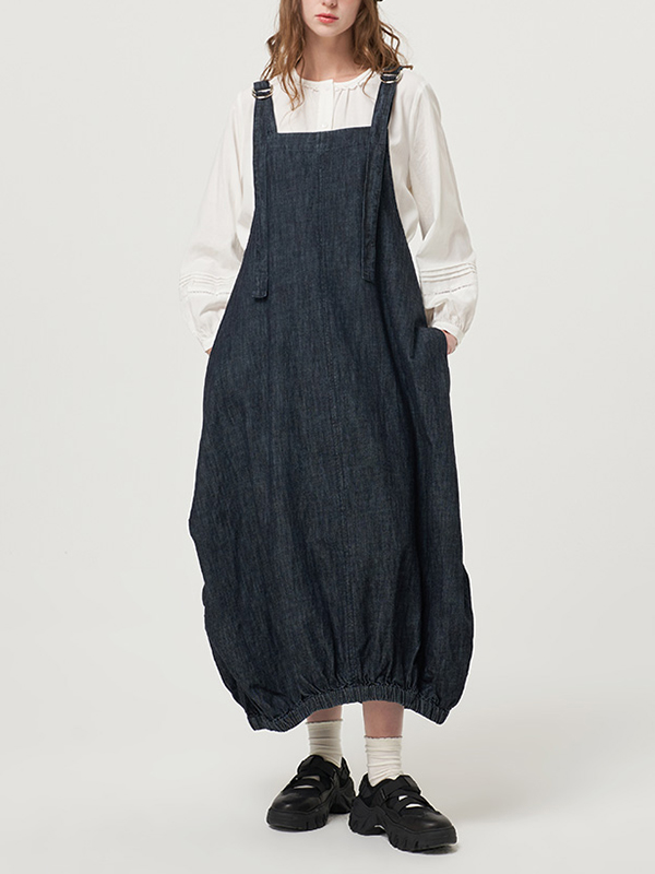 Adjustable Strap Side Pocket Loose Denim Midi Dress