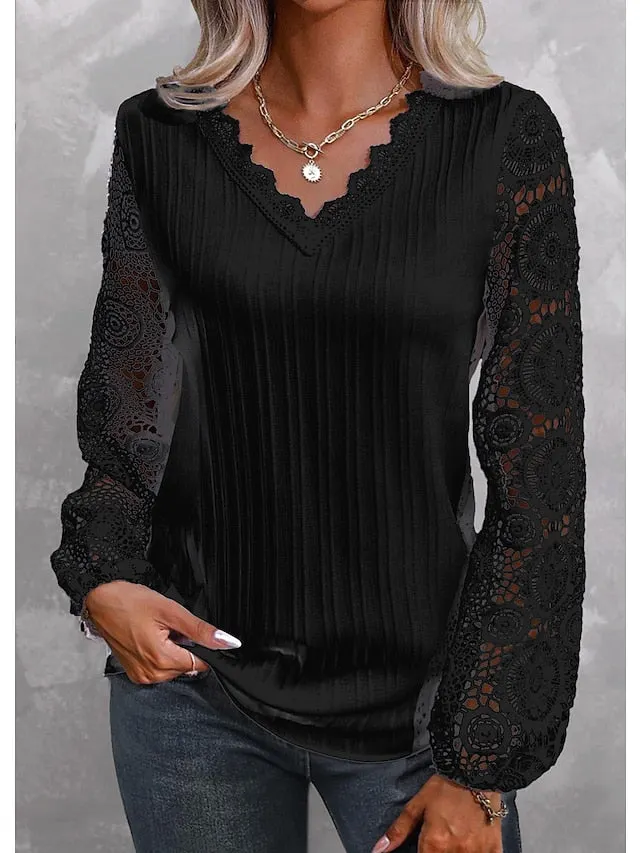 Womens Lace Shirt blouse plain black white pink long casual elegant fashion basic neck