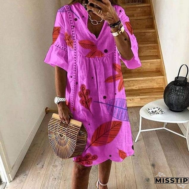 Women Sexy Hollow Out V-neck Mini Dress Floral Print Patchwork Dress Casual Beach Dress