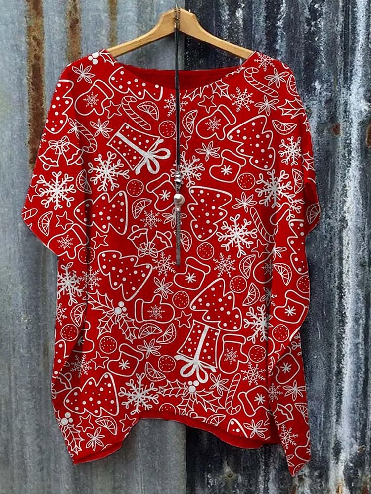Red Christmas Snowflake Tree Gift Print Short Sleeved T-Shirt
