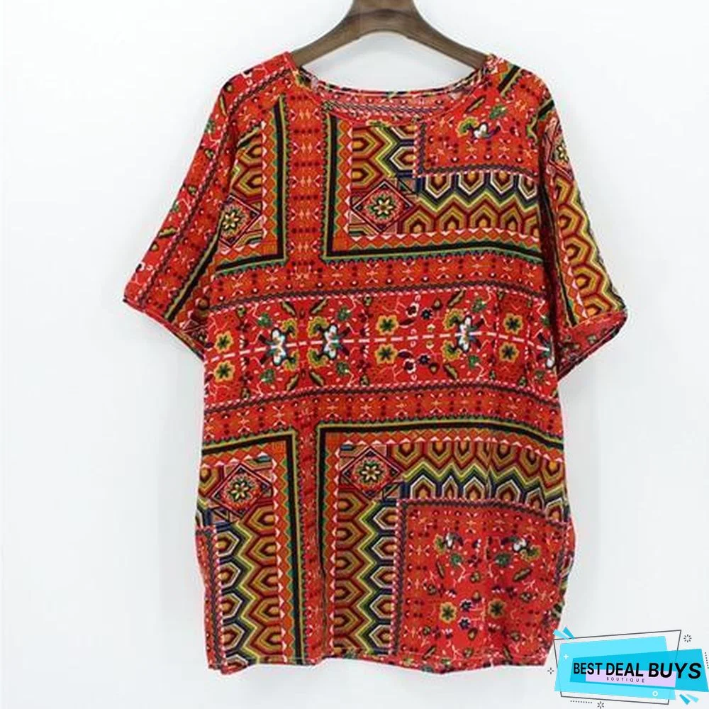 Plus Size Women Batwing Casual Tops Tees Floral Print Cotton Linen Blouses