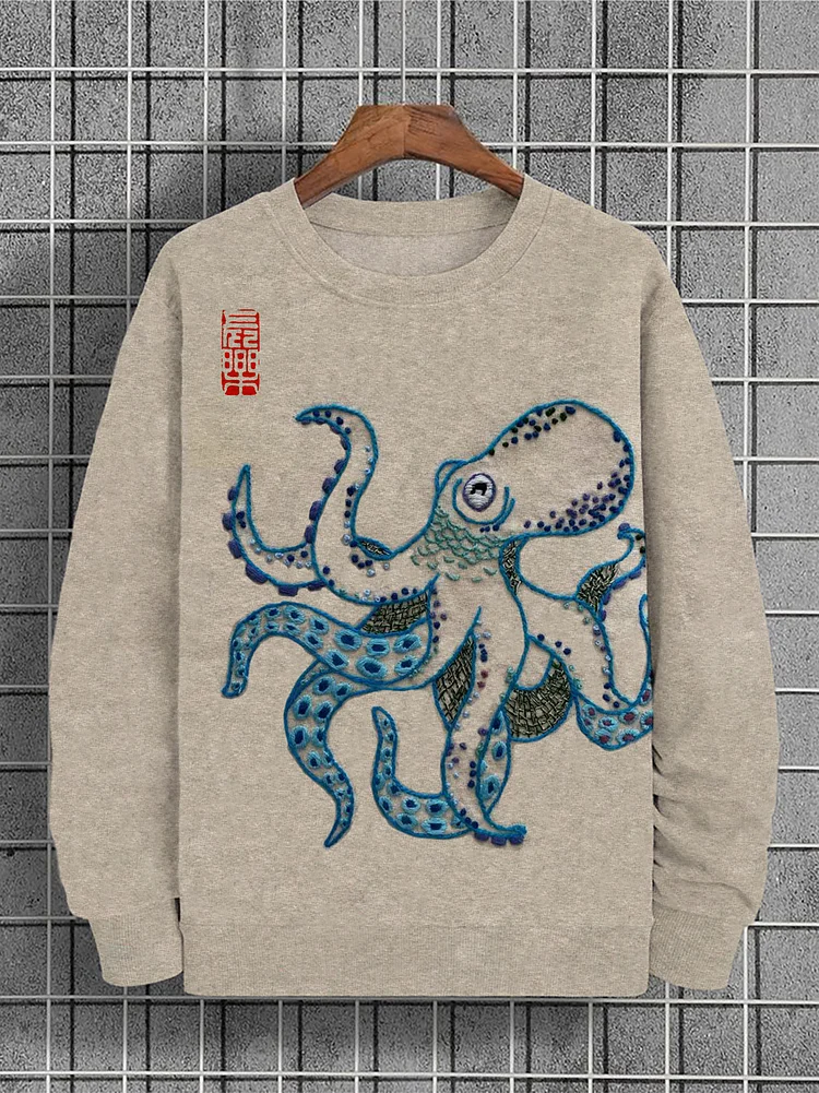 Men's Retro Octopus Embroidery Art Graphic Print Sweatshirt
