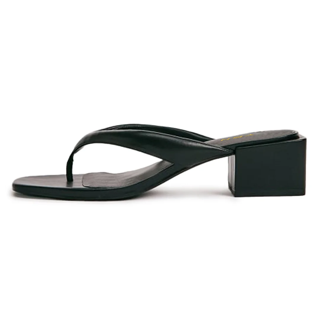 Black Vegan Leather Open Toe Block Heel Flip Flop Mules for Women