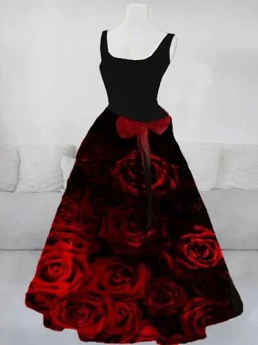 Sleeveless Dark Rose Print Dress (no panniers)