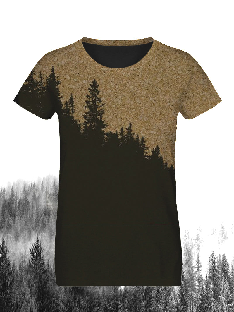 Woman's Contrast Short-sleeve Casual Sport T-shirt with Cedar Tree Forest in the Mountains