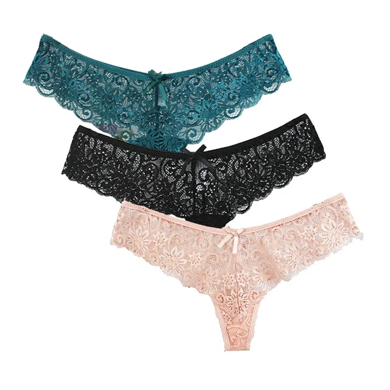 Sexy Ladies Cotton Mesh Transparent Panties Thongs G String Lingerie Hollow Out Women Underwear Briefs 3pcs
