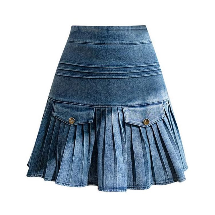 High Waist Pleated Denim Skirt - Modakawa modakawa