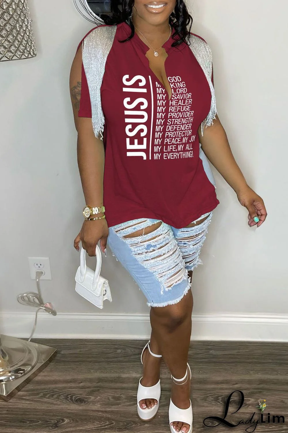 Black Casual Letter Print Tassel Patchwork V Neck T-Shirts