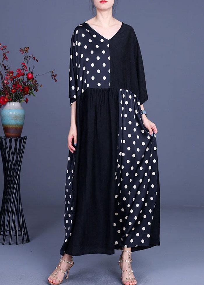 Fitted Black Patchwork Dot V Neck Silk Ankle Dress Summer