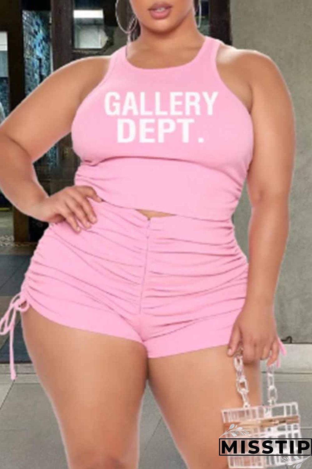 Green Sexy Print Fold Letter O Neck Plus Size Two Pieces