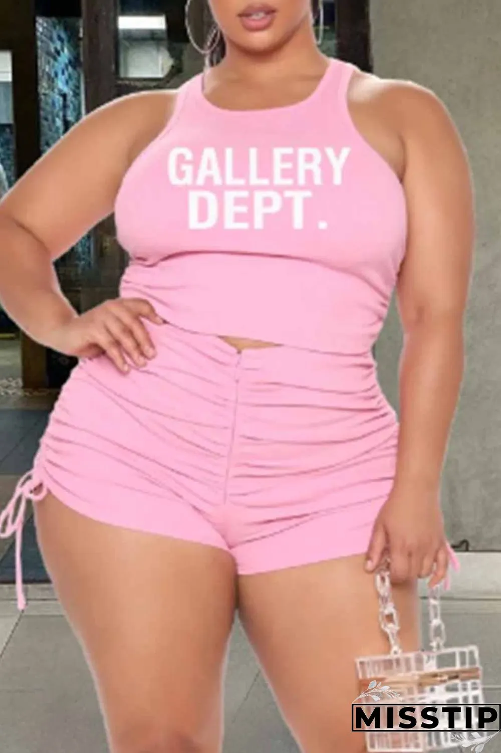 Green Sexy Print Fold Letter O Neck Plus Size Two Pieces