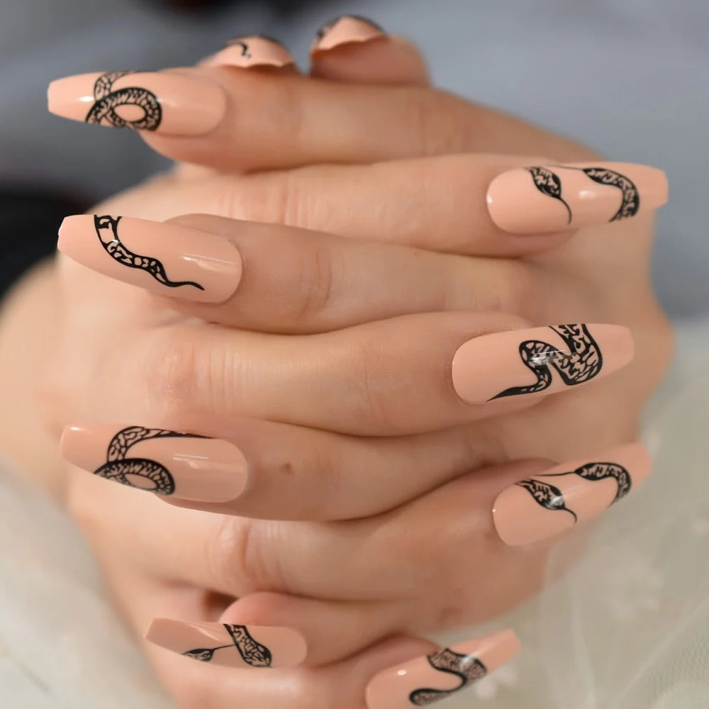 Nude Extra Long Fake Nails Coffin Full Cover Glossy False Nail Long Ballerina Nails with Glue Sticker-Nail Inspo
