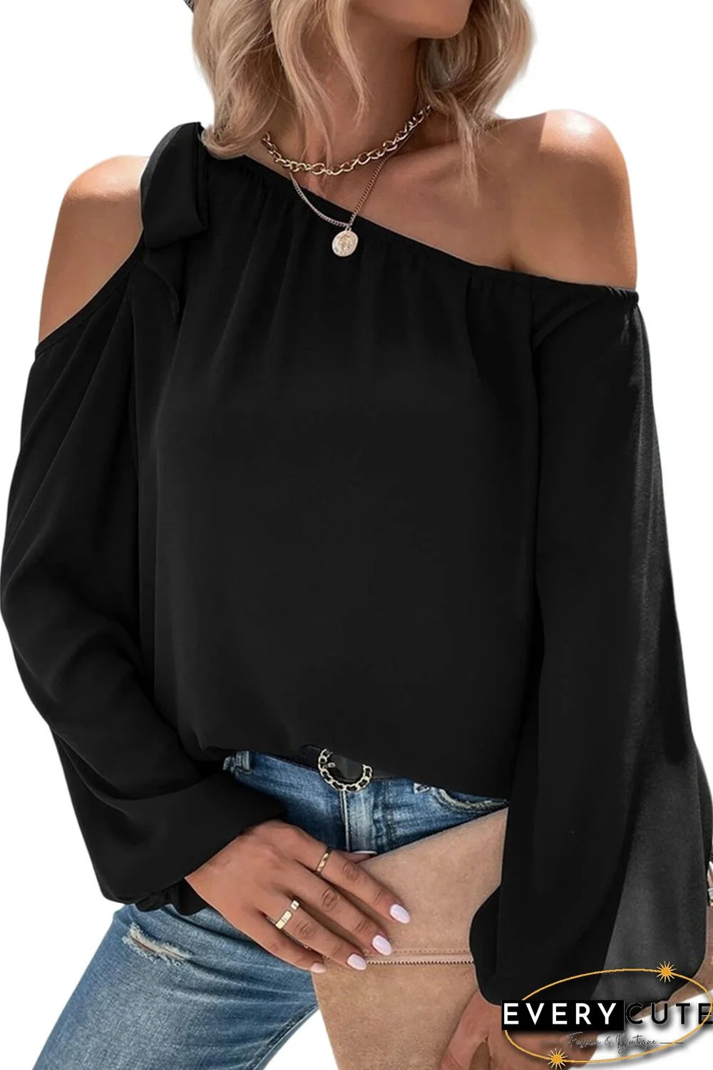 Black Knotted Asymmetric Off Shoulder Blouse