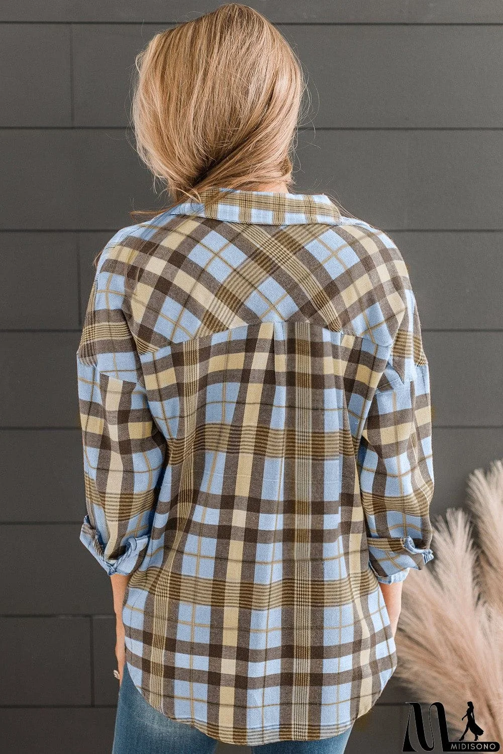 MidiSono - Plaid Collared Neck Long Sleeve Button-Up Shirt
